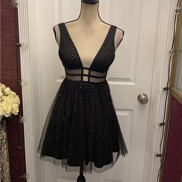 NWT Blondie Nights by Stacy Sklar Elegant mesh Black Polka Dot Dress, US0 - Picture 2 of 10